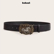 HUHNOT Leather Embossed Belt, Harajuku Y2K Punk Rock Belt, Women Man Hip Hop Horse Head Buckle Belt