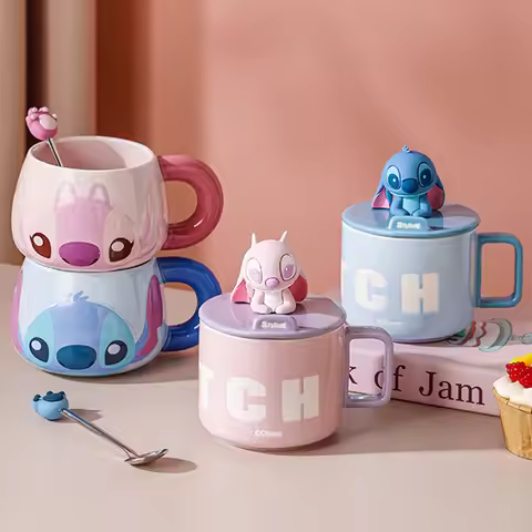 Kawaii Stitch Large-capacity Ceramic Mug Cartoon Couple Coffee Mugs Water Cup with Lid and Spoon Han