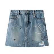 Etam High เอว Graffiti ลายพิมพ์ตัวอักษร ทรงเอ เดนิม Mini กระโปรง ผู้หญิง หวาน Cool ฤดูใบไม้ผลิ 2024
