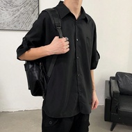 Áo'sơ mi nam tay lỡ đơn hàng khuy đơn giản, dáng rộng, màu trơn, trễ vai, áo'sơ mi đen trơn rộng thù