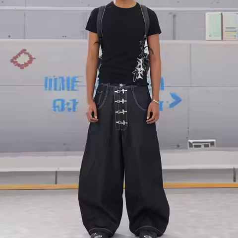 Street Retro Men's Jeans Straight Leg Pants Airplane Buckle Baggy Silhouette Curved Knife Jeans High