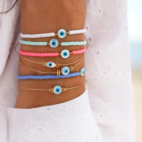 KKBEAD Shell Evil Eye Bracelets Boho Jewelry for Women Y2K Accessories Heishi Disc Beads Pulseras Po