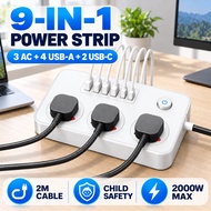9-in-1 UK 3 Pin Fused Plug Extension Socket, 3 AC + 4 USB + 2 Type-C Power Strip, 2M Cord, Switch, 2