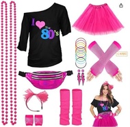 ชุดวันเกิดปี 1980 พร้อมอุปกรณ์เสริม เสื้อยืดคอตตอนสั้นฤดูร้อน ความยาวปกติ ชุดคอสเพลย์ปาร์ตี้ Disco 8