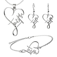 4pcs Vintage Faith Words Heart Necklace, Bracelet & Earrings Set - Timeless, Inspirational Jewelry F