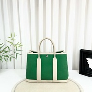 Hermes garden party 花園包30X刻 帆布拼皮竹子綠拼奶昔白