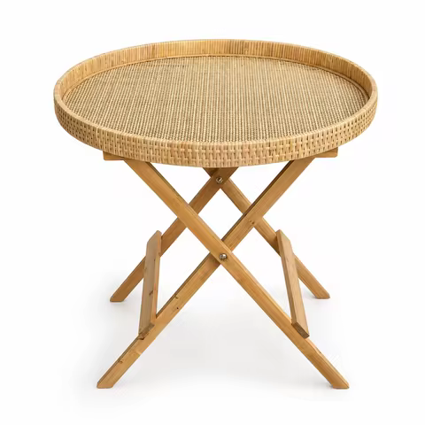 Vintage Round Rattan Folding Table 61cm, Solid Wood Foldable Coffee Tea Table, Boho Woven Cane Side