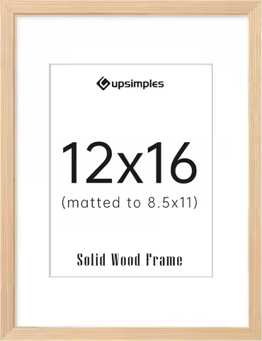 12x16 Natural Solid Wood Picture Frame, 8.5x11 with Mat, Wall Hanging, 1 Pack