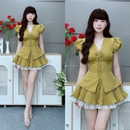 C127 V-neck blouse with doll sleeves + pleated chiffon skirt