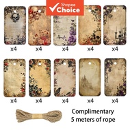 Vintage Dark Floral Blank Tags Blox Fruit Sticker 40pcs Sticker Book DIY Gift Labels With Hemp Rope