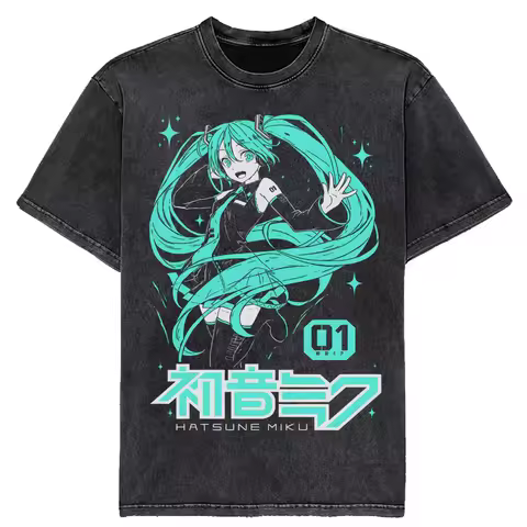 New 2025 Japanese Hatsune Miku Anime Printed Washed Cotton Retro Distressed Short-Sleeved Unisex T-S