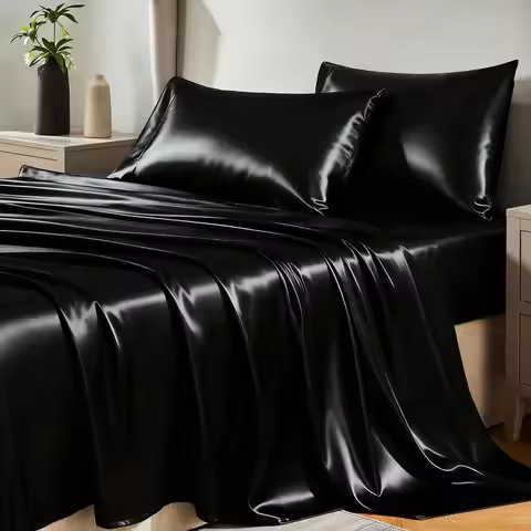 Satin Sheets King Size Sheet Set 4 Piece Silky King Sheets, Luxury Black King Bed Set with Smooth an