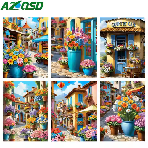 AZQSD 5d Diamond Painting Landscape Street City Full Drill Home Decor Diamond Embroidery Flower Mosa