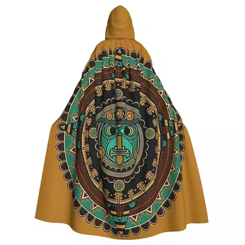 Aztec Calendar Long Hooded Cloak Witch Medieval Costume Cosplay Cape HalloweenVampire Adult Unisex