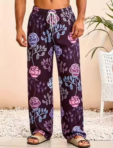 Men's Bohemian Floral Print Casual pants, Loose Drawstring style, Bohemian Floral design, For beach,