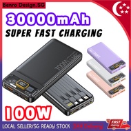 🇸🇬【Ready stock】30000mAh Power Bank 100W Super Fast Charging Powerbank 4 Cables Portable Multi-device Charging Display