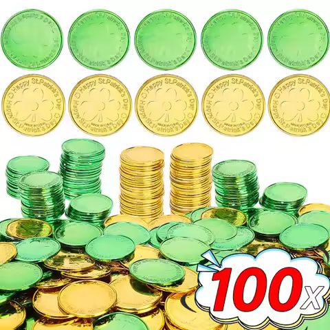 5/100PCS St. Patrick's Day Gold Coins Green Plastic 3-Leaf Clover Prop Coins Gifts Daily Performance