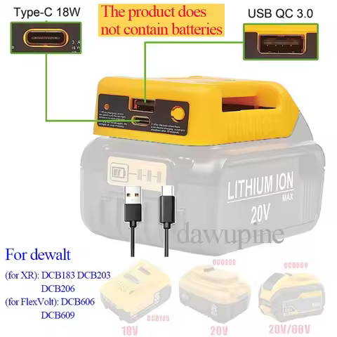Power Tool Accessories Adapter For Dewalt 18V 20V Li-ion Battery Type-C USB Charge Power Bank DCB200
