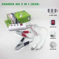 Charger / Casan Aki Motor 3 Port USB 2 IN 1 DC Tombol On/Off Charger Handphone