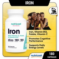 Nutricost, Iron for Women, 65mg Iron, Vitamin C, Folate, B12, 180 Capsules