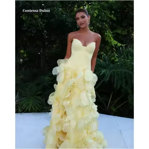 Contessa Dubai Yellow 3D Flowers Long Train Prom Dresses Backless Customized فساتين سهرات Ball Gown 