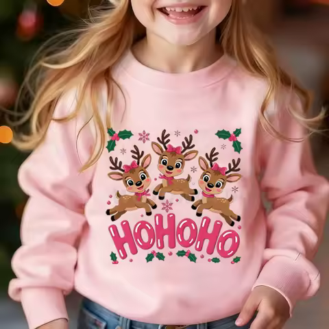 Girls Xmas Party Long Sleeve Pullover Coquette Bow Christmas Reindeer Clothes Child Girl Ho Ho Ho Cu