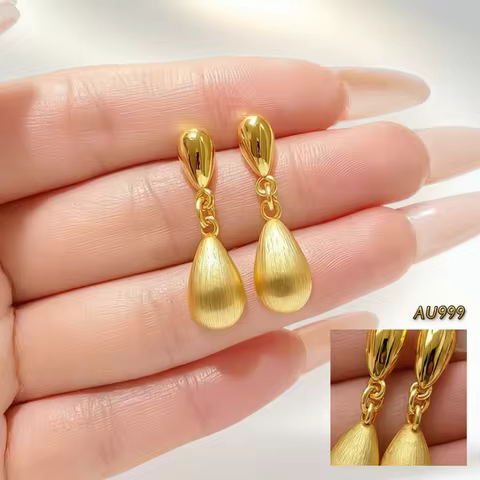 Earrings 24K Gold Hemisphere Water Drop Tassel Earrings Women's 24K Gold AU999 - Pure gold tassel ea
