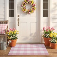Spring Pink and White Plaid Rug, 2'4" x 3'7" Cotton Blend Layered Doormat Rug for Front Door, Hand-W