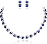 Silver-Tone Round Cubic Zirconia September Birthstone Row Necklace Earrings Set Blue