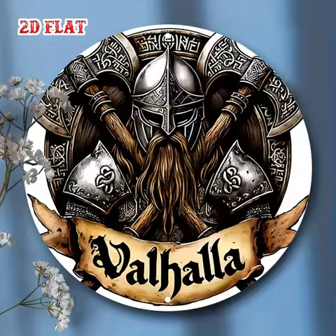 2D Flat - Viking Helmet & Axes Metal Wall Art - Rustic Norse Valhalla Aluminum Sign, Vintage Wall De