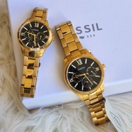 BQ3757 Fossil His and Her Rye Multifunction Gold-Tone Black Dial Stainless Steel Watch