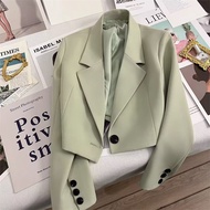 Women blazer short suits 2024 Spring and Autumn Jade Green suit top metal button cropped blazer woman