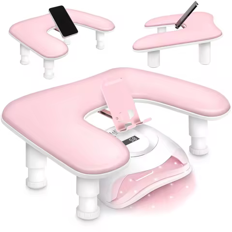 1pcs Pink Adjustable Height Nail Arm Rest with Rotating Phone Holder PU Leather Nail Tech Arm Rest, 
