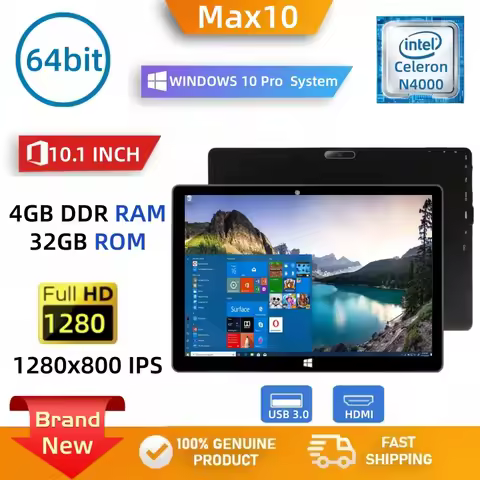 New 10.1" Windows 10 Pro Tablet PC 4GB DDR 32GB ROM 64bit Intel Celeron N4000 Dual Cores 1280 x 800 