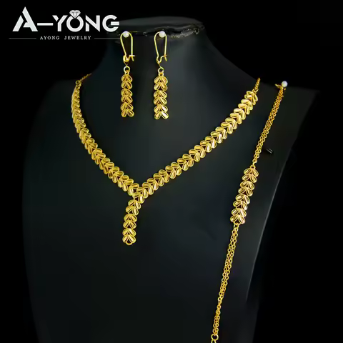 Luxury Dubai Gold Color Wedding Jewelry Set 21k Gold Plated Oman Elegant Necklace Bracelet Earrings 