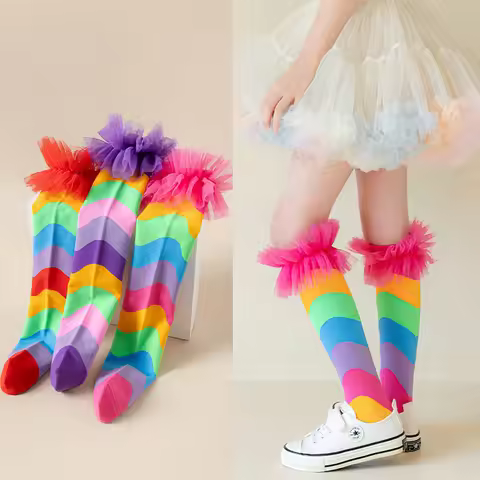 2026 New Spring Girls Knee-high Socks 3-8T Wave Rainbow Kids Stockings Thin Lace Autumn Children Per