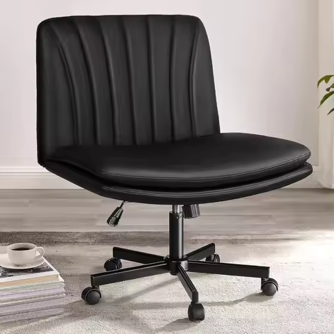 Modern Black Criss Cross Office Chair, Comfy Cross Legged Desk Chair with Wheels, PU Leather Armless