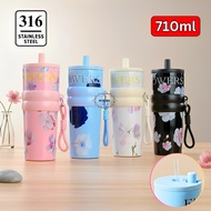 710ml Stainless Steel Tumbler Mug Straw Drinking Glass/ Aesthetics Flower Tumbler/