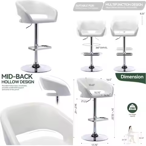 Modern PU Leather Swivel Bar Stool with Adjustable Height and Hollow Backrest, Airlift Counter Heigh