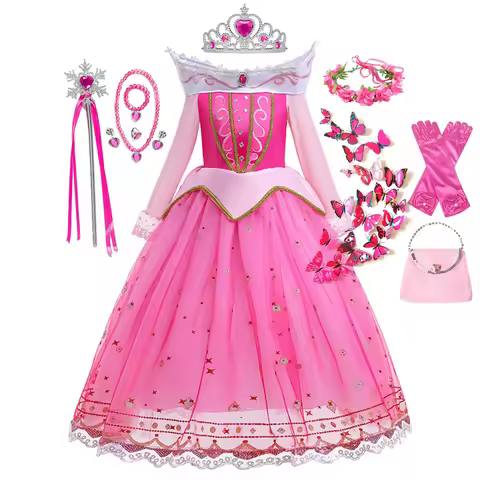 Sleeping Beauty Costume for Girls Aurora Dress Long Sleeves Off Shoulder Kids Halloween Christmas Fa