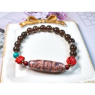 Tibetan Dzi Beads Blue Agate Three-eyed Lotus Master Dzi Beads 藏传老矿蓝玛瑙三眼莲师法器天珠 36.5x11.1mm