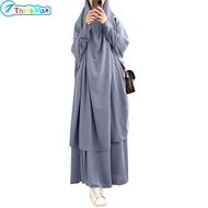 ชุดเดรสฮีญาบมุสลิมมีฮู้ดสำหรับผู้หญิง2ชิ้นชุดกระโปรงประจำชาติอิสลามคลุมทั้งหมดสีทึบรอมฎอน