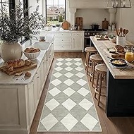 3x8 Runner Checkered Rug for Hallways Grey Washable Long Carpet Non-Slip Low Pile Boho Indoor Accent