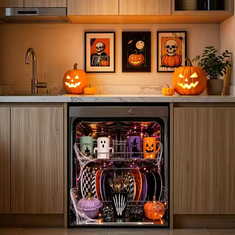 4Pcs Halloween Dishwasher Magnet Cover 58.5 X 60 Cm Polyester Dishwasher Door Decor Pumpkin Skeleton
