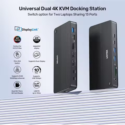 Unitek USB 10Gbps Switch Universal Dual 4K KVM Docking Station with USB Hub HDMI DP SD/Micro SD Audi