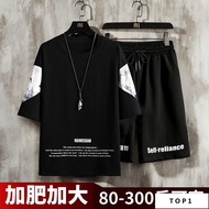 精品男裝 胖子夏季純棉短袖套裝 加肥加大碼 寬鬆百搭兩件套 TZ1820白衣黑褲兩件套 L 建議100-120斤