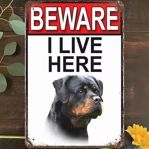 Vintage Metal Tin Sign 8"x12", Warning Wall Art Decor, Beware Dogs I Live Here Rottweiler Warning No