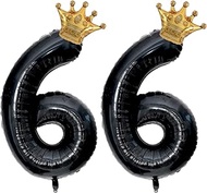 40 inch Large Black 66 Balloon Number with Gold Crown Balloons 66th Birthday Big Foil Mylar Helium B