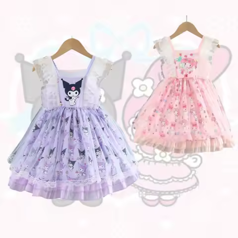 Sanrio Kuromi Anime Peripherals Cartoon Character Girl Dress Kawaii Children's Short Sleeve Puff Lol