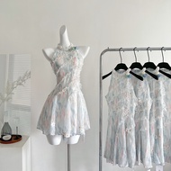 Váy Ngắn Mùa Hè Youni Jasmine Green Sweet Slimming Waist Design Sensation Váy Nữ Tính Không Tay Cổ T